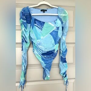 Lane 201 FORE Blue Abstract Ruched Mesh Bodysuit M Never Worn